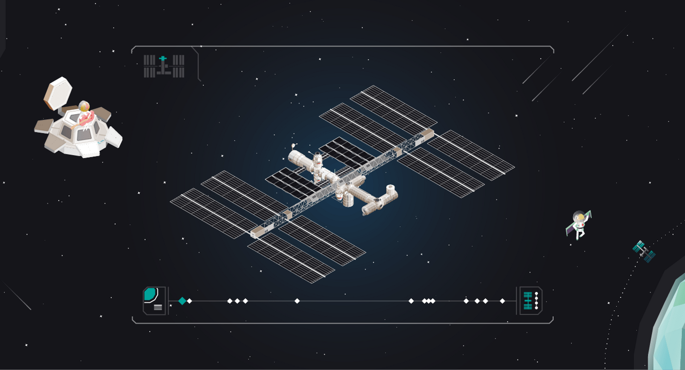 A low-poly illustration of the International Space Station floating in space. Surrounding the station are sci-fi heads up display elements. There are also other elements floating in space including a planet, an orbiting satelite and an astronaut with wings like Buzz Lightyear.