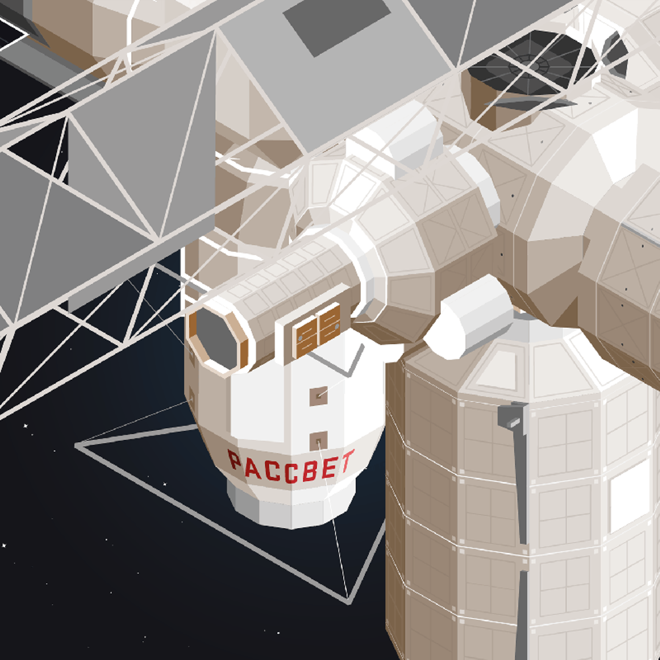 A low-poly illustration of a module of the international space station in space.