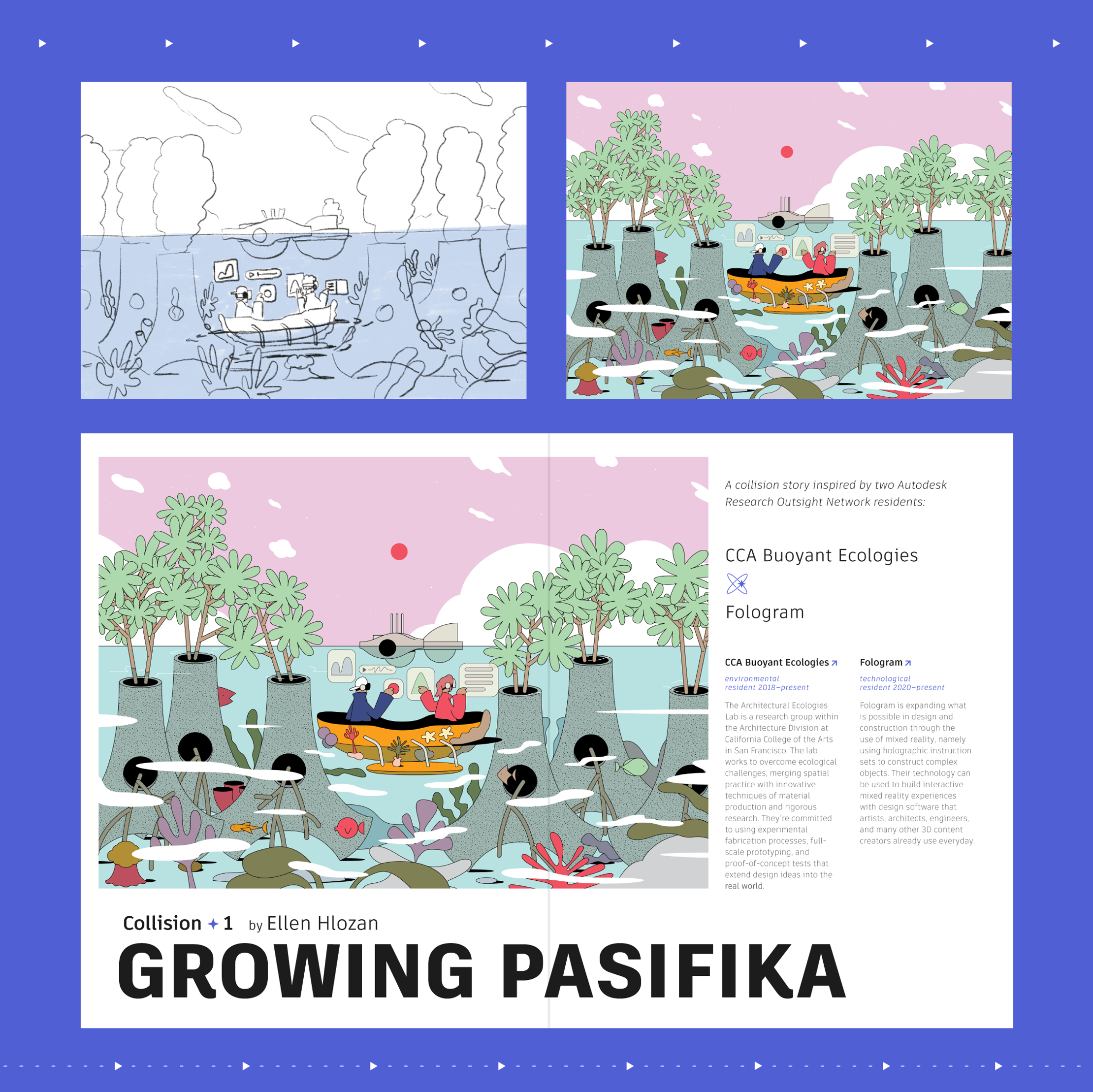 Image showing double page spread of the 'Growing Pasifika' story. Above it is a before and after showing a sketch and final illustration from the page.