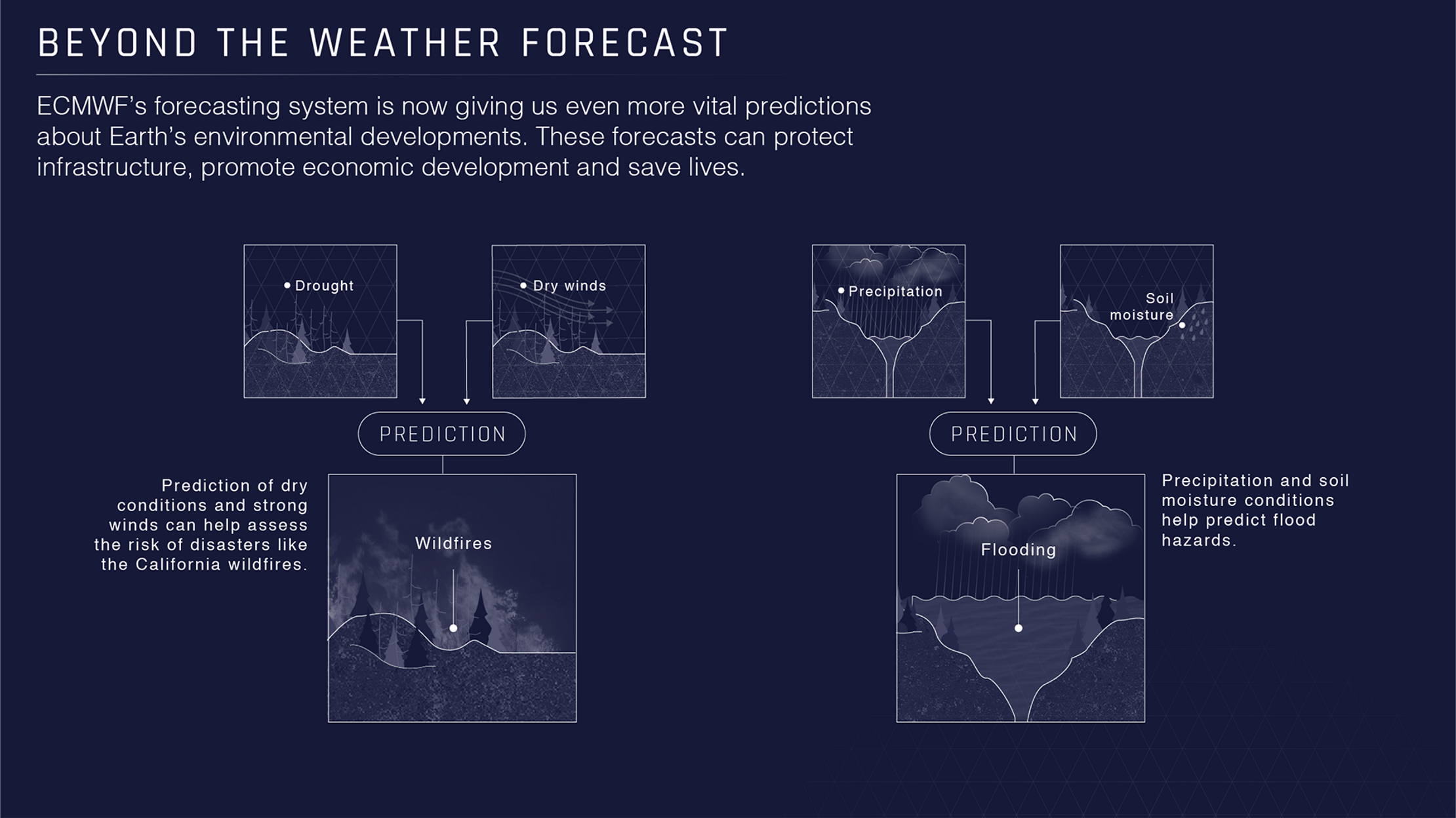 An animated graphic titled 'Beyond the Weather Forecast.' It shows how indicators like drought and dry winds can predict wildfires or precipitation and soil moisture can lead to flooding. It emphasises the value of ECMWF data in protecting us all against climate change.