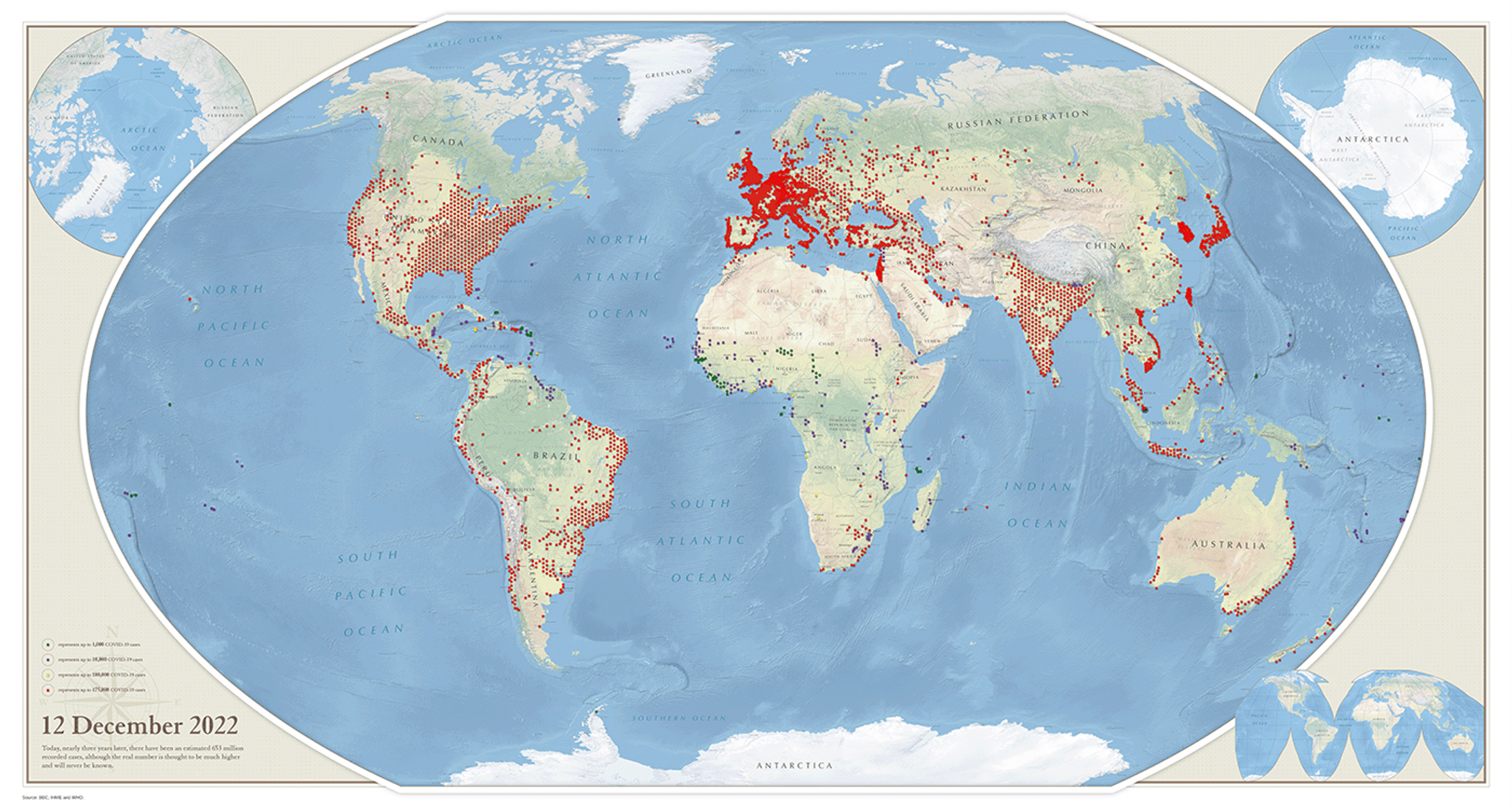 A world map, covered in red pins representing cases of COVID-19. Europe, the East of the Untied States, Japan and India are particularly busy.