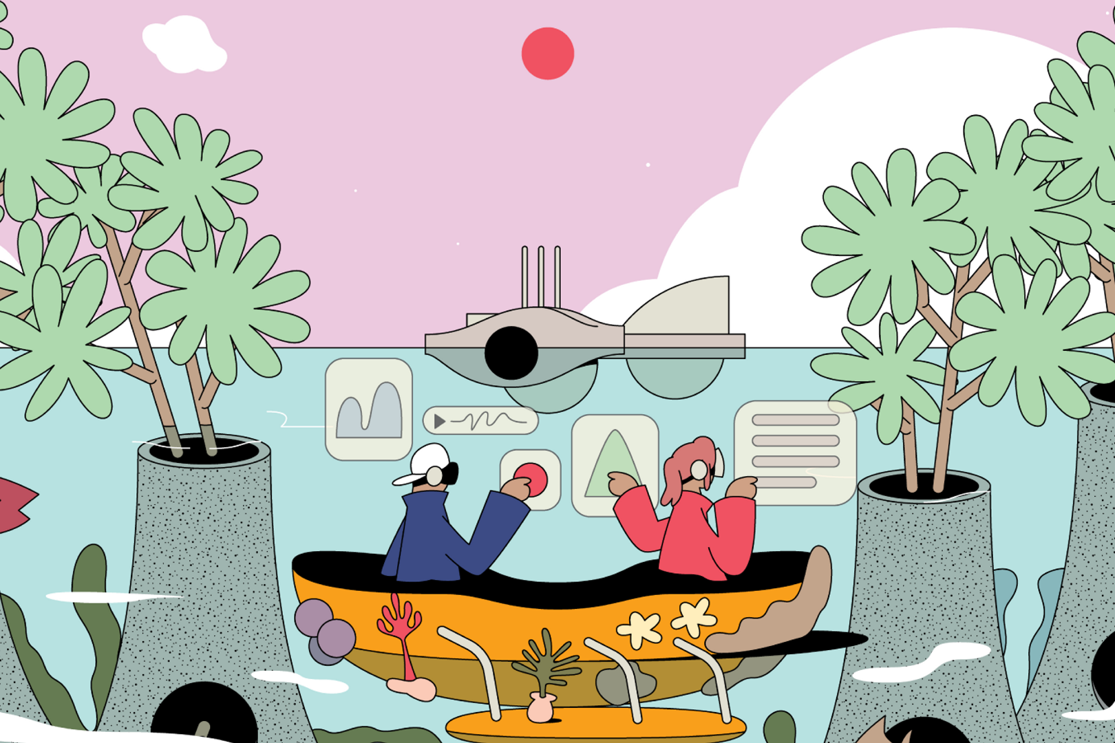 An illustration filled with scenes from the Collission Anthology including a boat with two people wearing AR headsets and trees sprouting out of concrete chimneys.