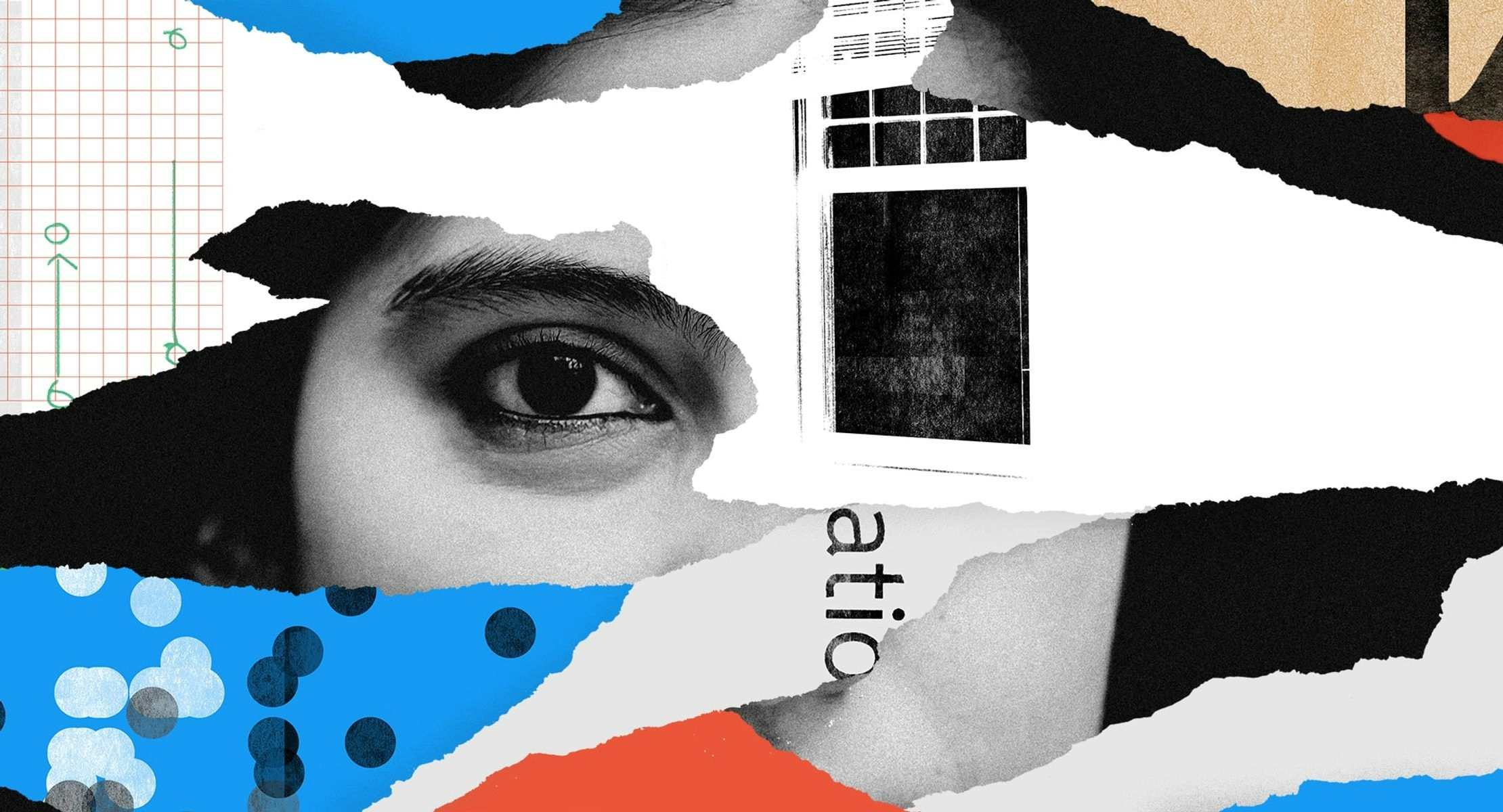A collaged banner where each piece is like a scrap of torn paper. A women's eye and parts of her face stare out of the image, while other tears have colourful illustrations or text.