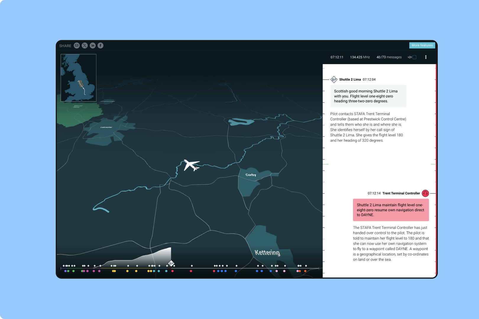 A screenshot from the plane talking website. On the left is a graphic of a plane flying over the UK. On the right is text showing the conversations of air traffic controllers during the flight.