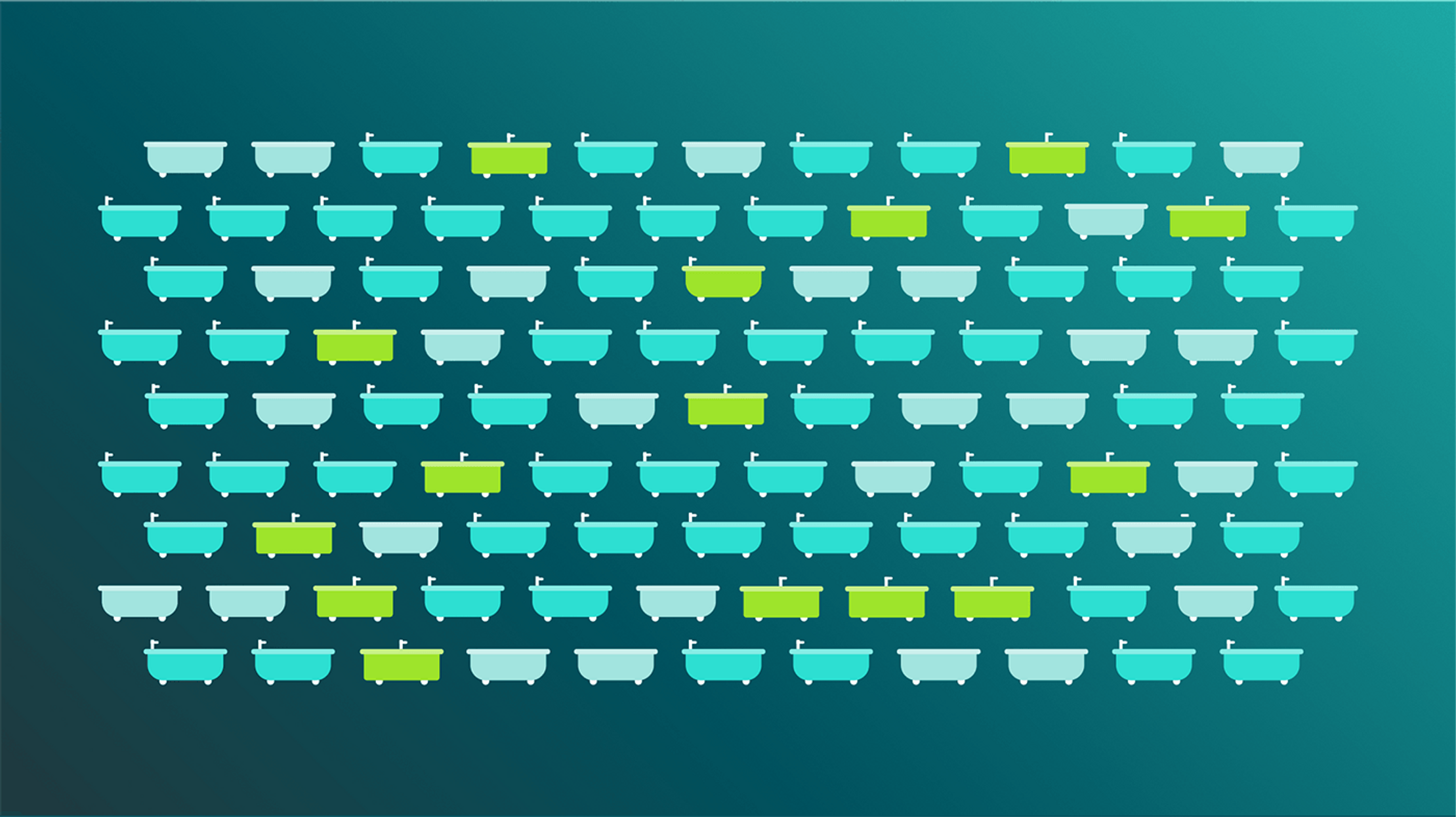 A grid of blue and green bathtub graphics on a blue gradient background.