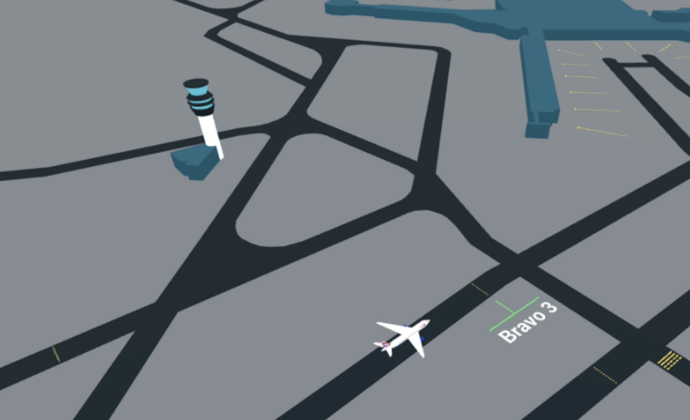 A flat colour map of an airport with a 3D air traffic controller sticking up out of it. A 3D plane is cruising along one of the runways next to the text 'Bravo 3'.