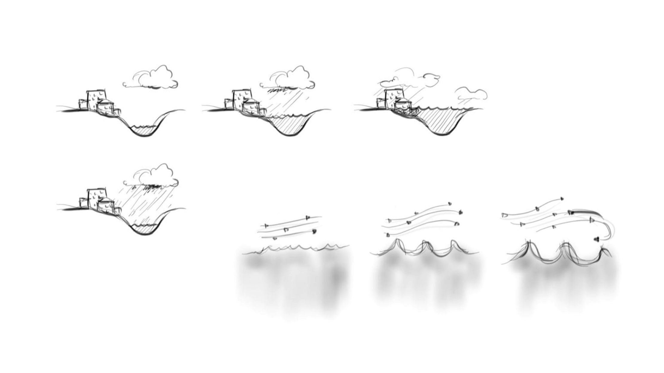 A sketch of how to draw cross sections of weather for the ECMWF graphics. One sketch shows the progression of cloud and rain over a city by a river. The other shows wind patterns whipping up waves on water. 