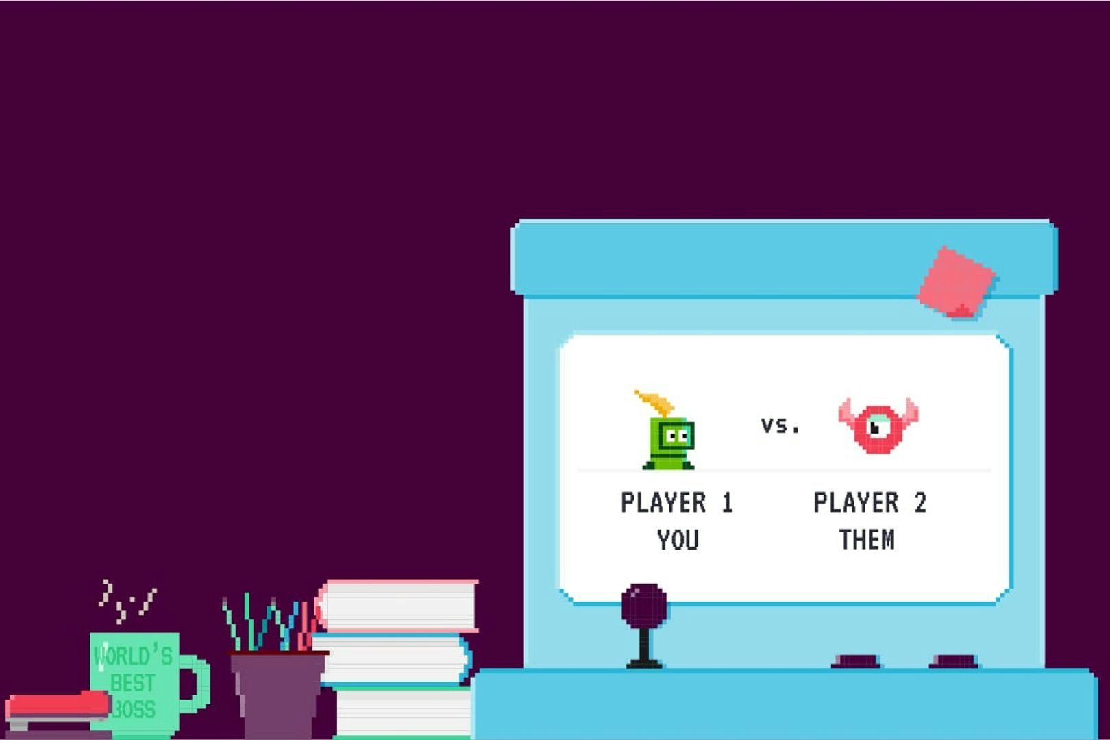 An illustration in the pixel art style of old arcade machines. The image shows several desktop items like a stapler, mug and books next to a large arcade cabinet which displays 'Player 1 'You' vs 'Player 2' Them' implying the reader versus their work enemy.