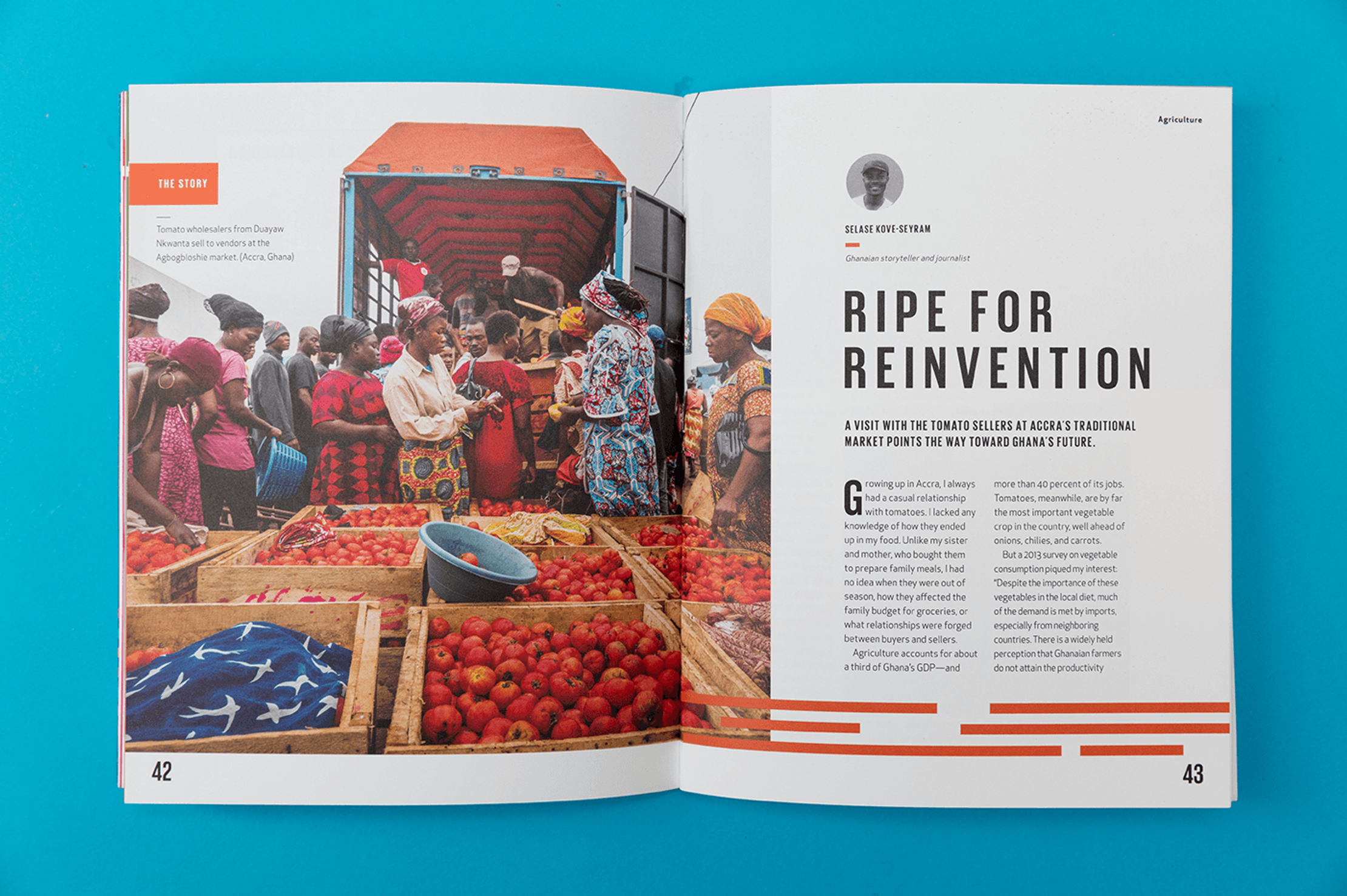 A double page spread of the printed Goalkeepers report. On the left pageis an image of a buslting groceries market. On the right is the title text 'Ripe for Reinvention' with paragraphs of body copy below it.