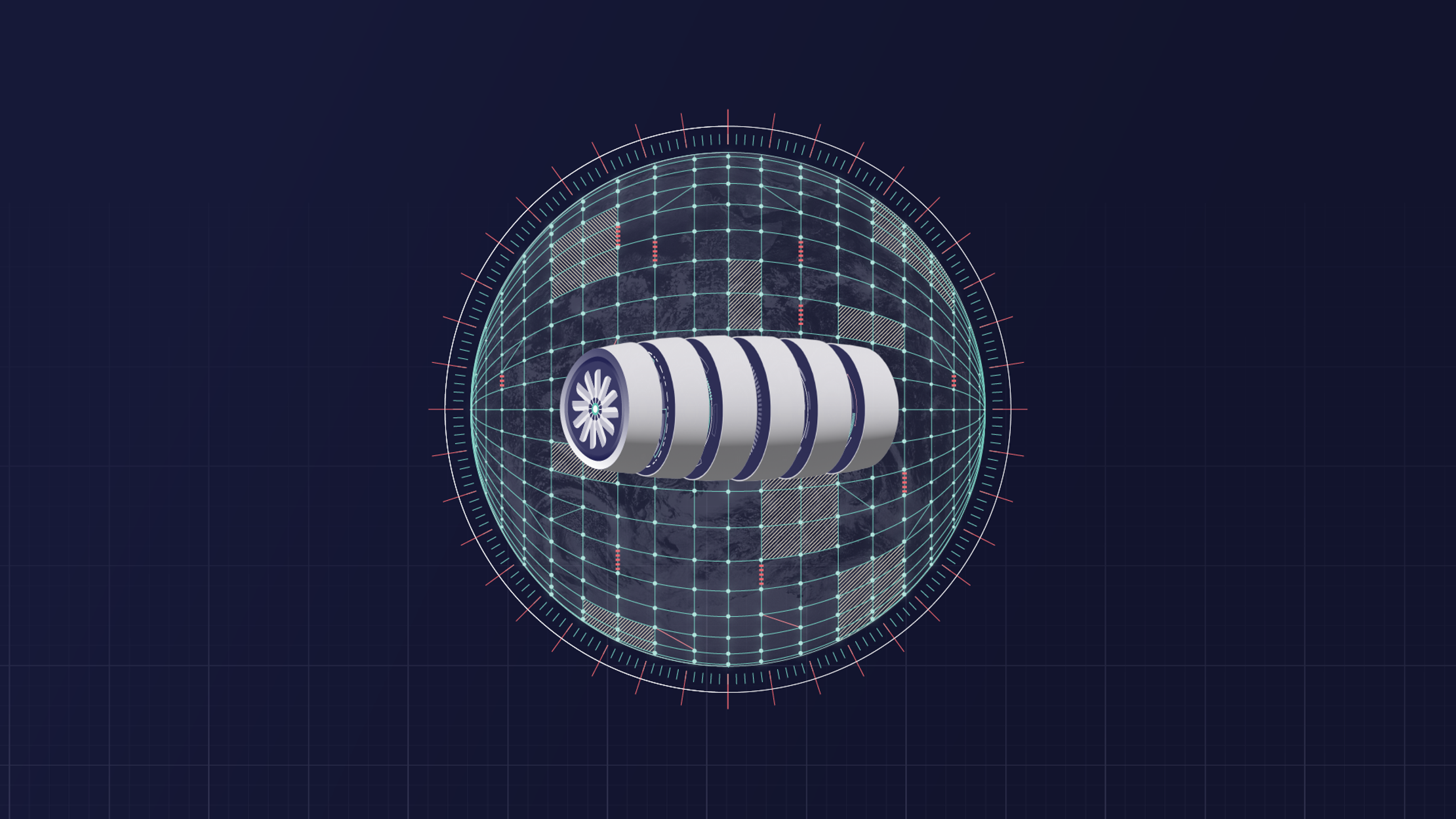 An image of a jet turbine cut up into six cross sectional slices in front of an Earth with a sci-fi mesh over the top of it.