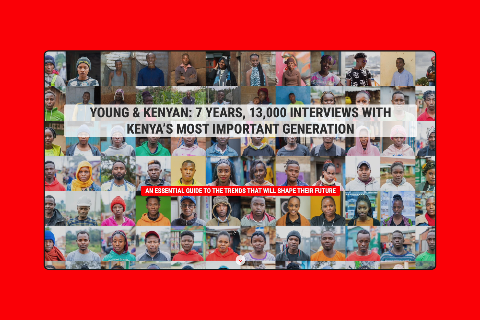 A grid of photos of Kenya's young generation. Over their headshots is the text 'Young & Kenyan: 7 years, 13,000 interviews with Kenya's most important generation.