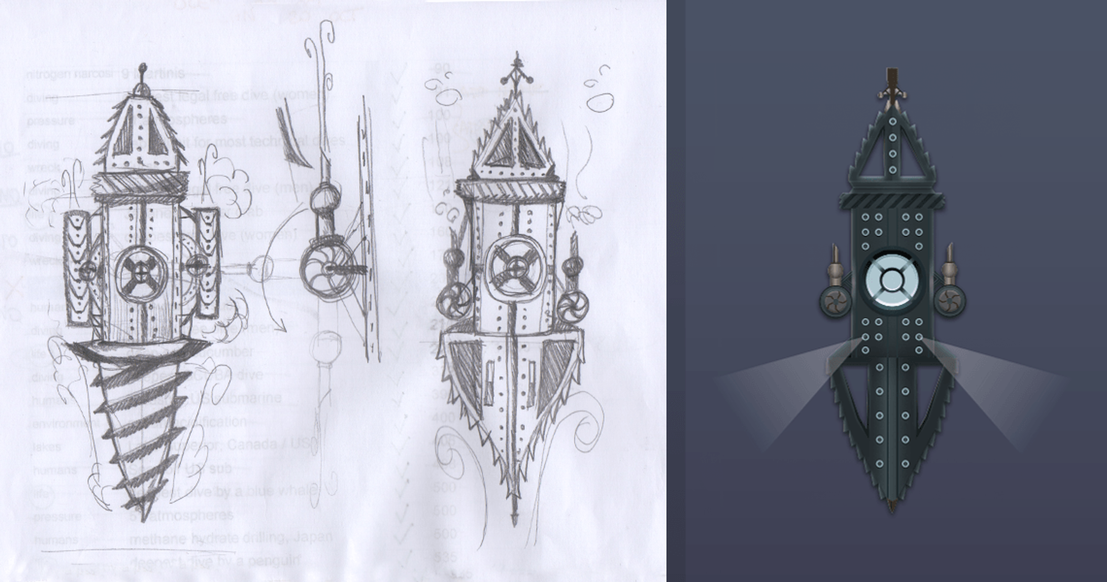Two sketches of the underground and deep sea explorers designed in the steampunk style of Jules Verne's story. On the right is the final illustration of the deep sea diver used on the Journey to the Centre of the Earth page.