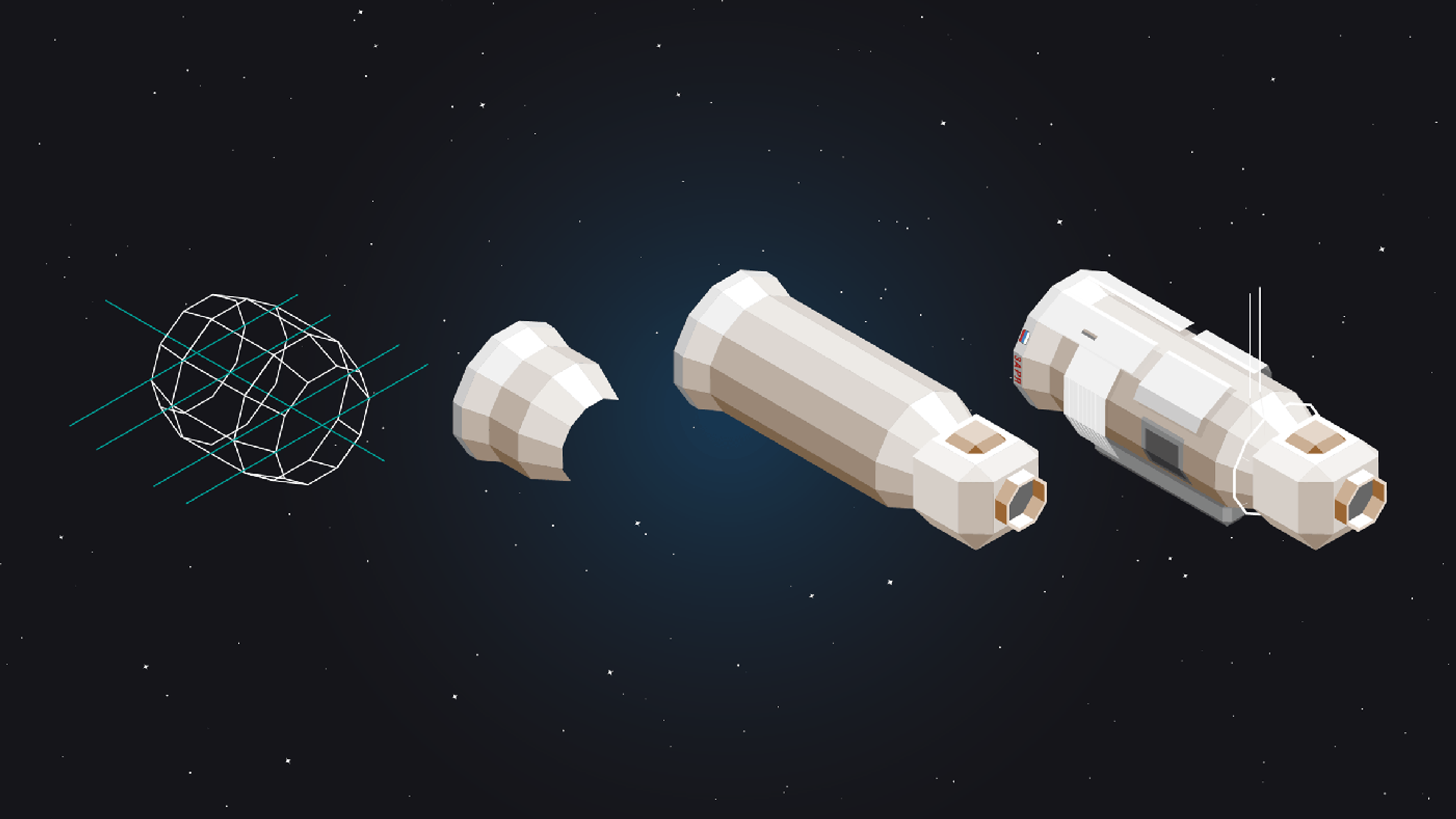 A wireframe and low-poly illustations of a module of the international space station in space. There are four iterations in total, with each more detailed than the previous version running from left to right.