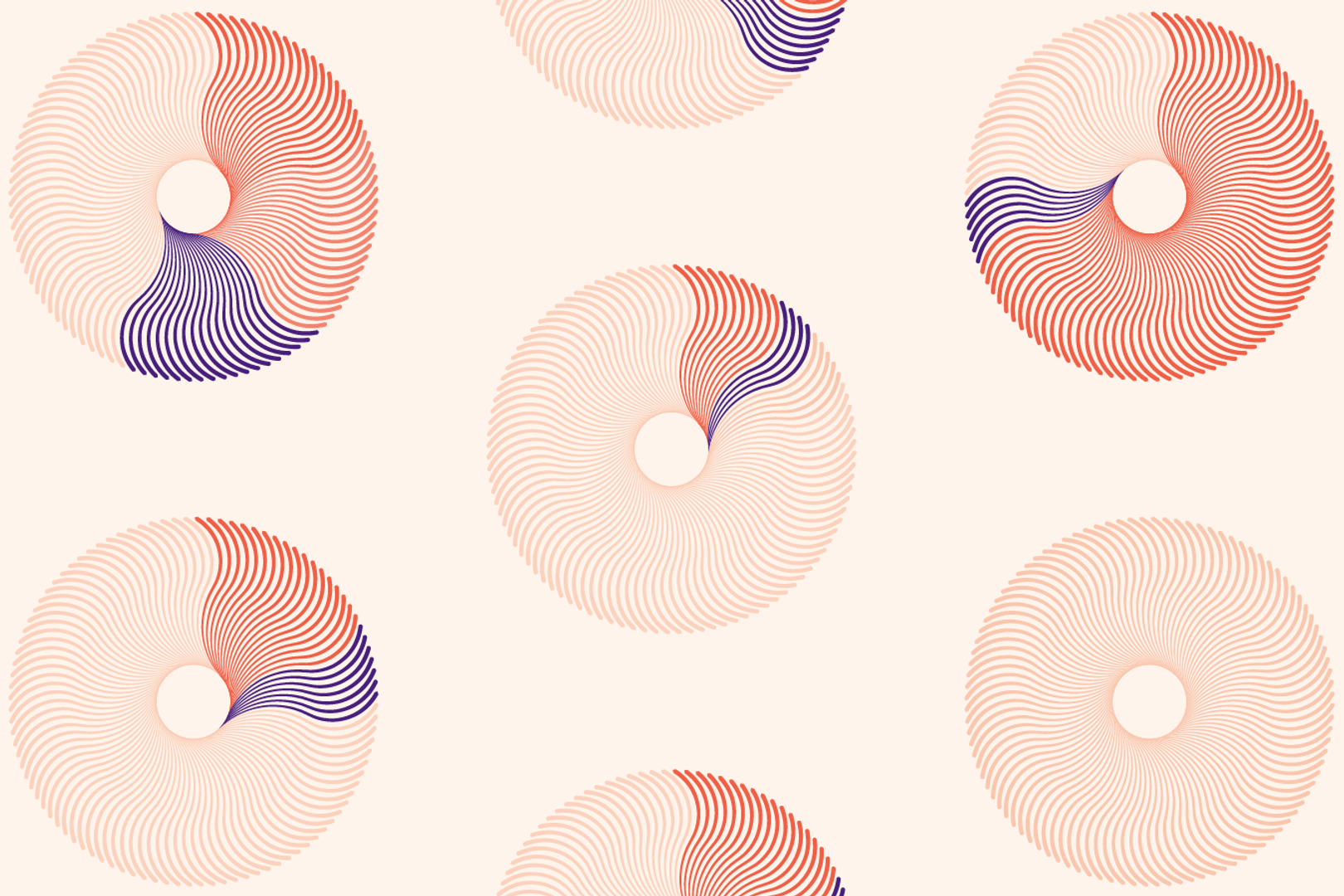 Several abstract circles, each made of several small curved lines. The circles have smaller circular holes cut out in the middle.