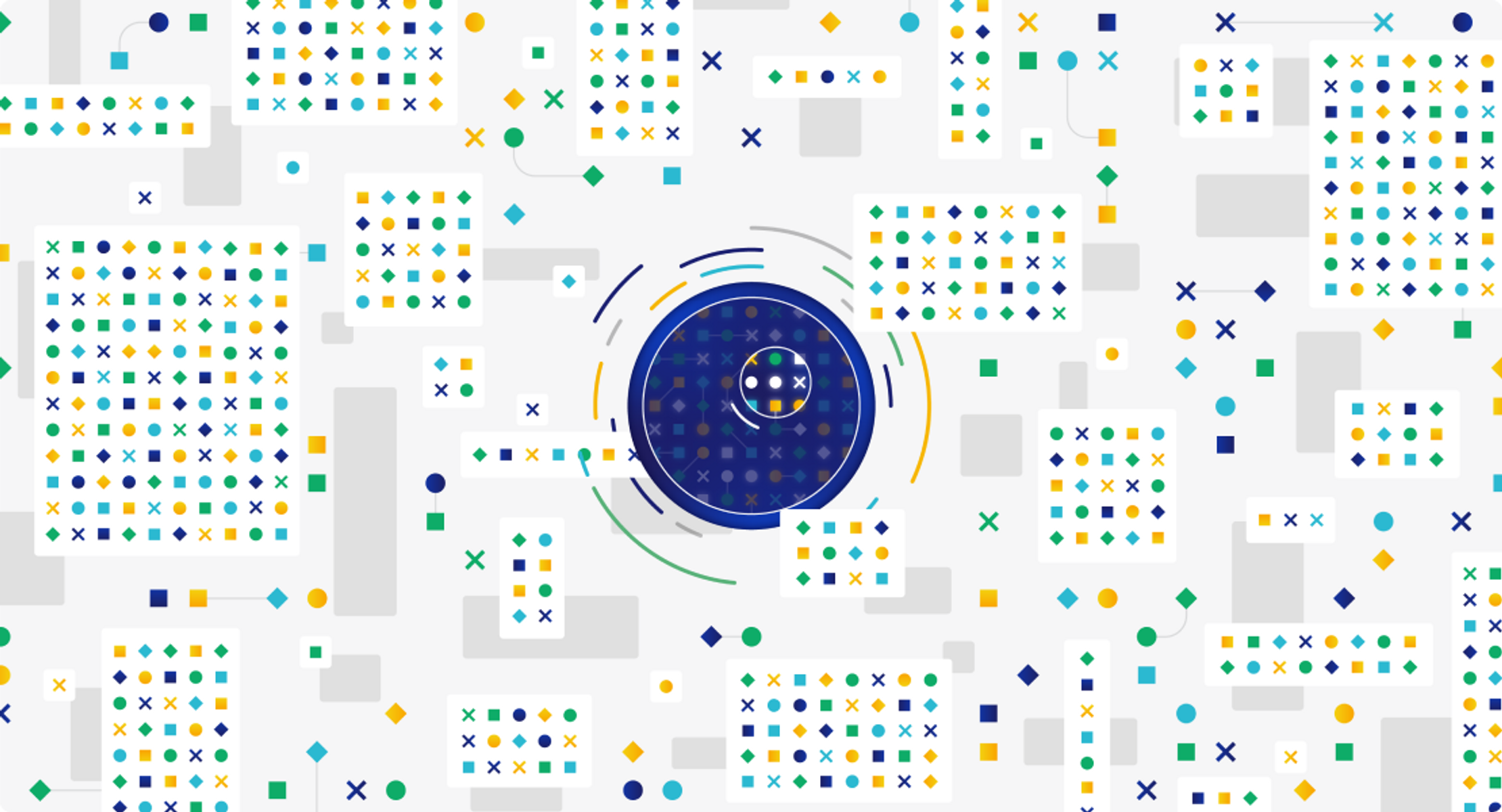 A colourful imagining of Visa's artificial intelligence as a blue circle floating in a white space filled with geometric shapes, each representing transaction data.