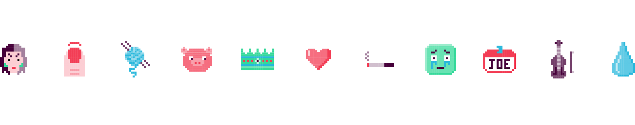 A selection of graphics based on work enemies in the style of arcade pixel art graphics. They include a fingernail, cigarrettes, a crown and a pig.