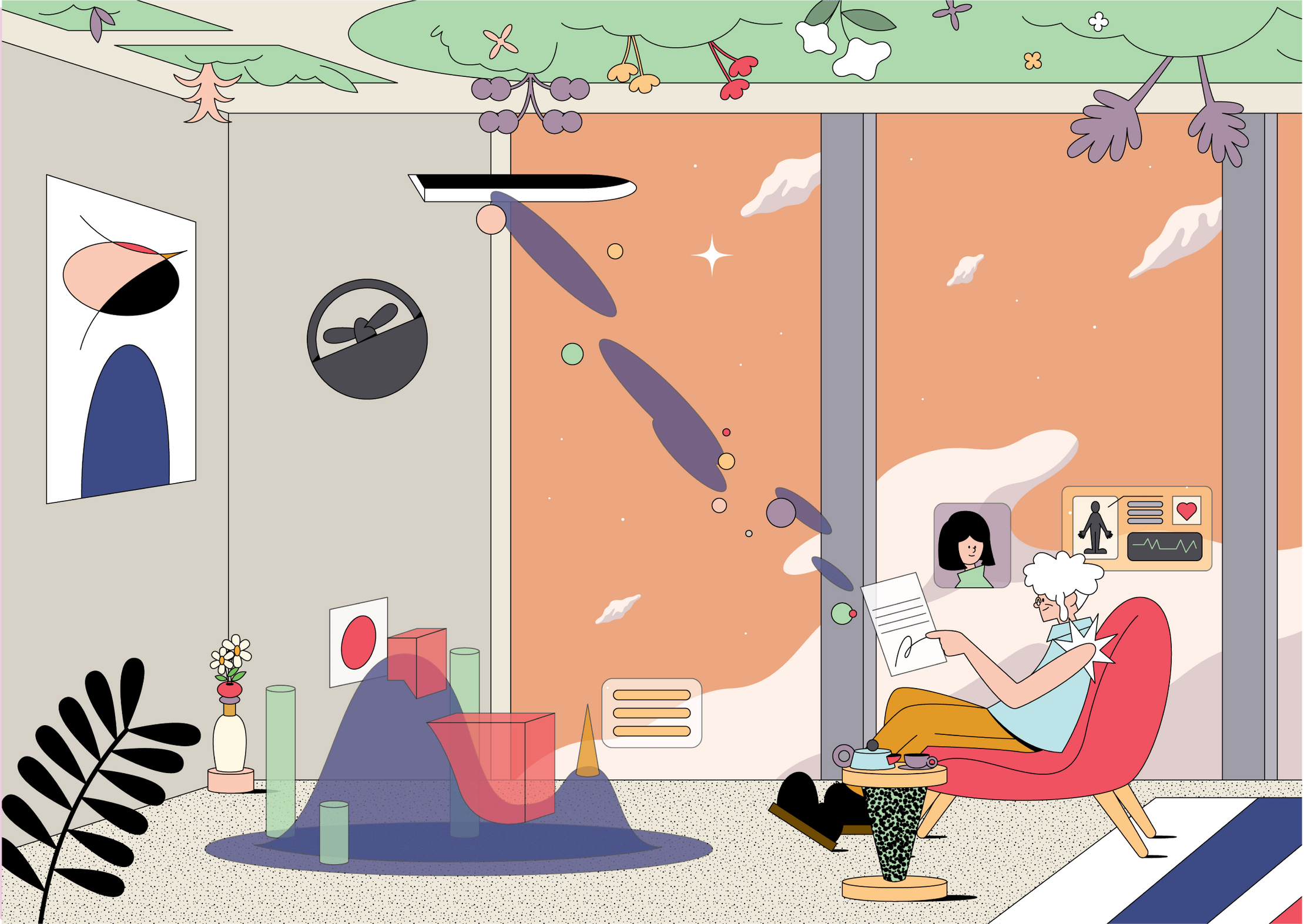 An illustration showing a character sat in a chair in front of two floor to ceiling windows that look out on a cloudy sky.