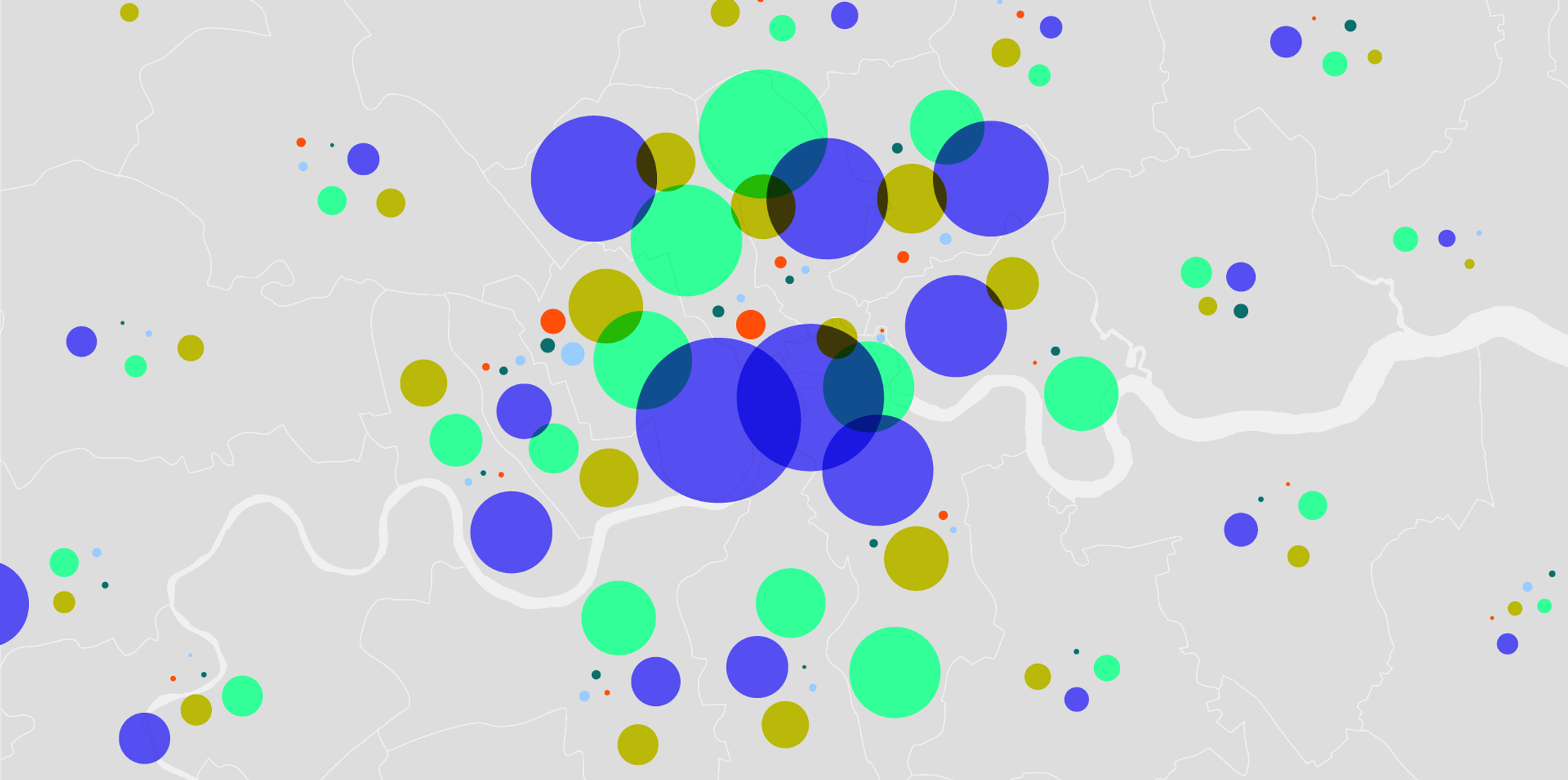 A zoomed-in London map with bubbles shows the number of designers in each borough by size and the discipline by colour.