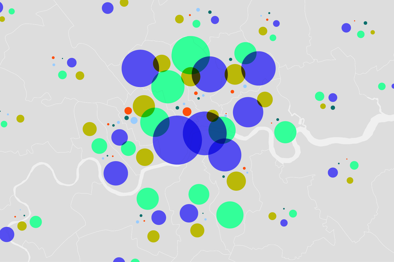 A zoomed-in London map with bubbles shows the number of designers in each borough by size and the discipline by colour.