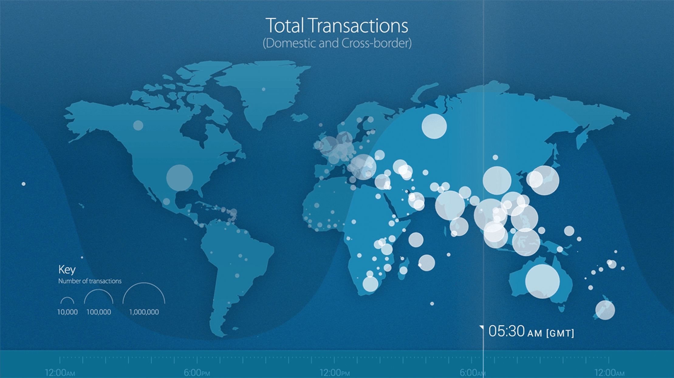 A world map of transactions around the world made using Visa. A timeline at the bottom indicates how the transactions change globally throughout the day.