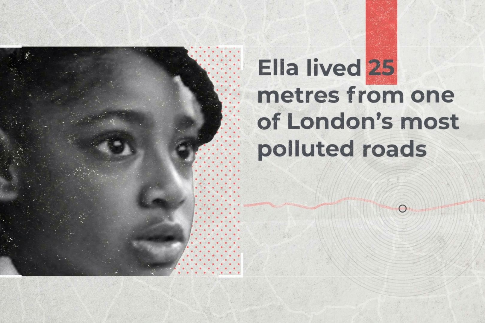 A black and white photo of Ella Kissi-Debrah in front of a grey map of South London