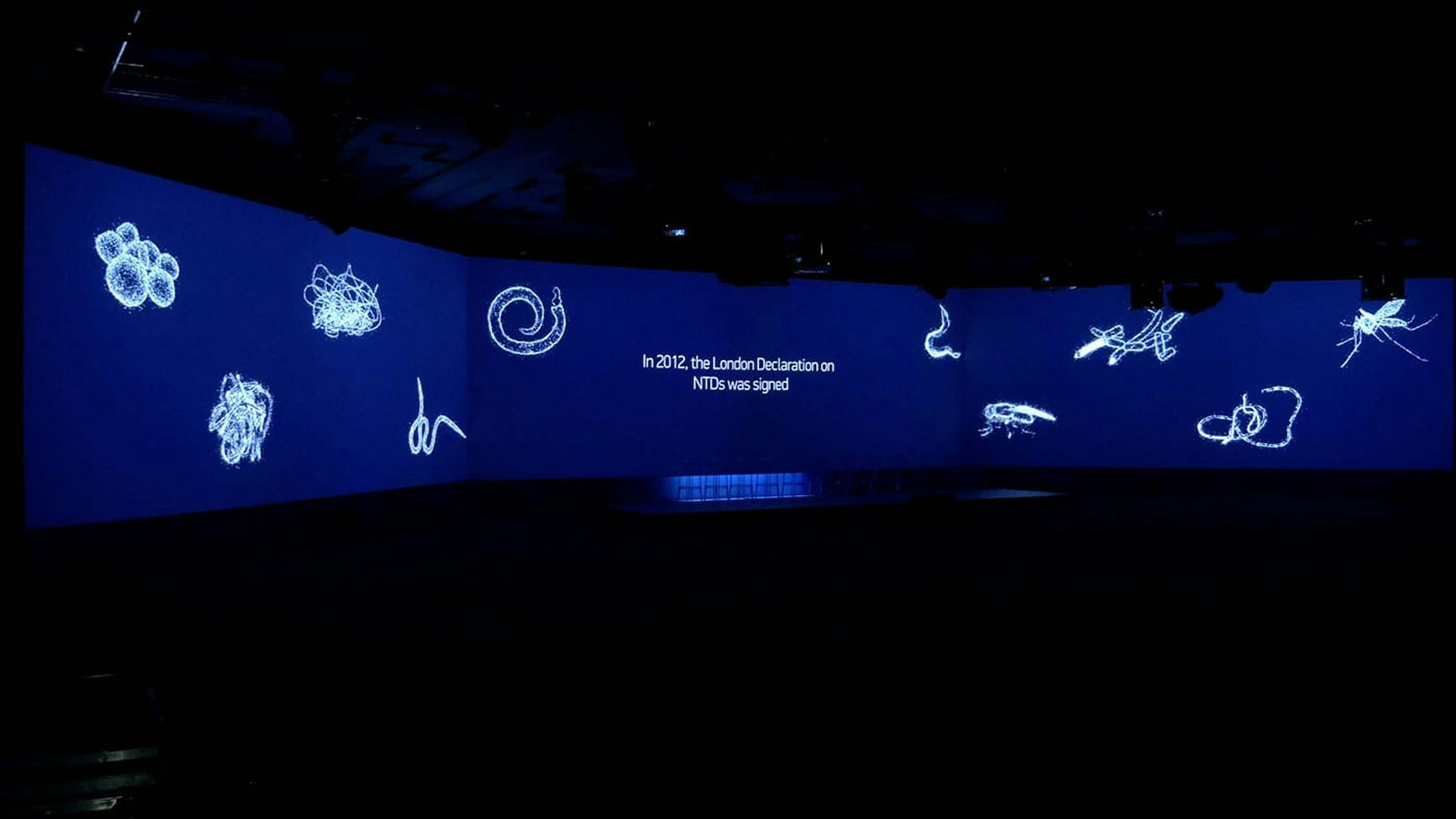 A dark room with three floor to ceiling screens. The screens show various microbes and parasites on a dark blue background. In the middle is the text: "In 2012 the London Declaration on NTDs was signed"