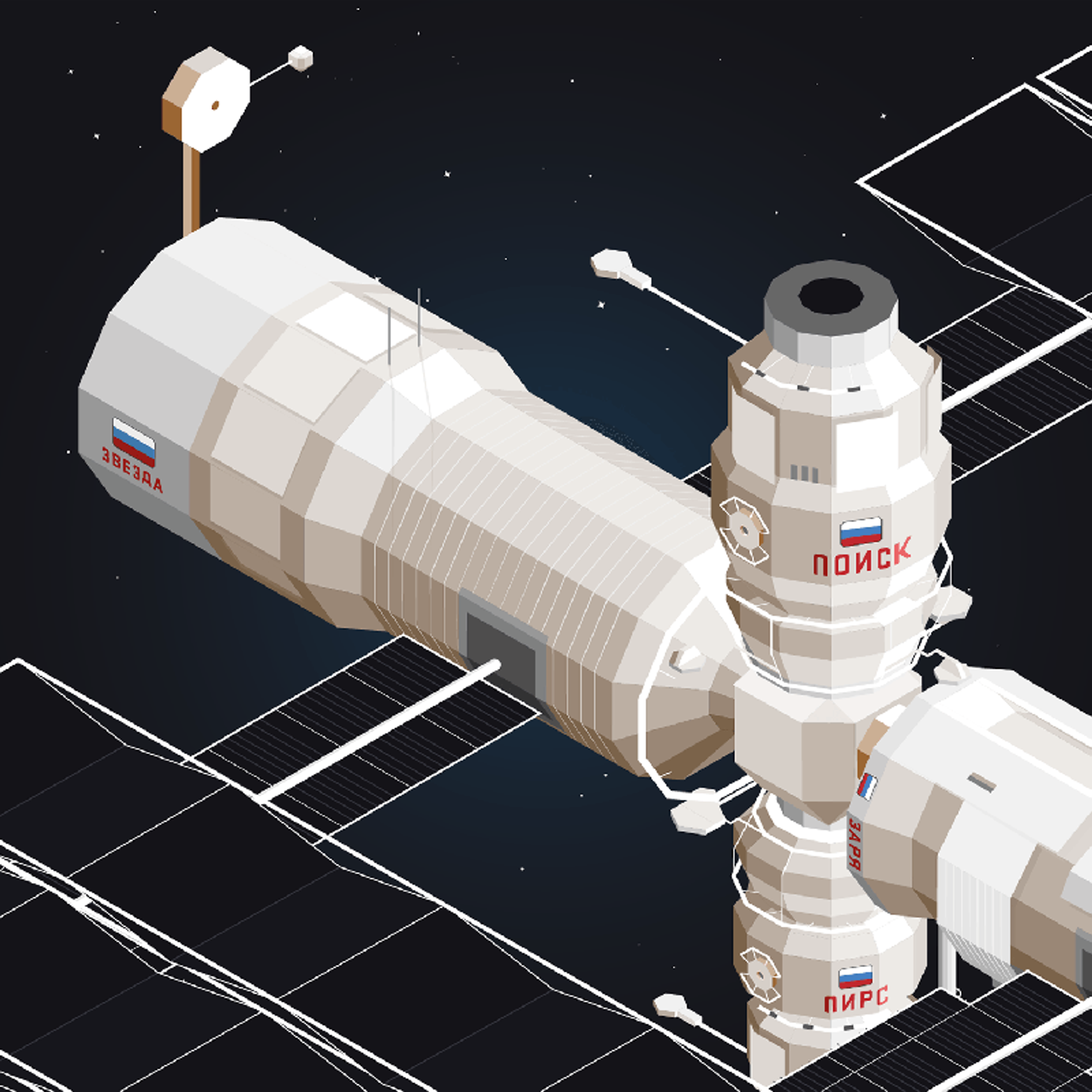 A low-poly illustation of the Russian modules of the international space station attatched together in space.